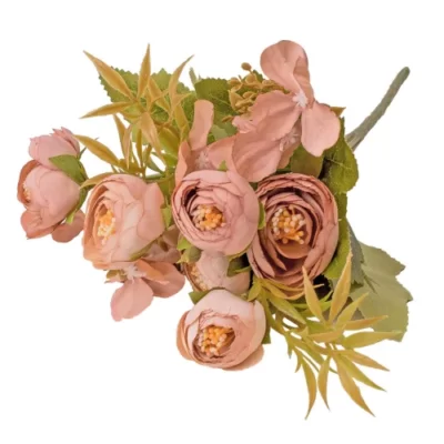 Buchet trandafiri cu hortensie 5 ramuri, 25cm roz pudrat