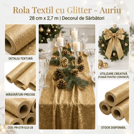 Rola textil cu glitter 28cmx2.7m/ Auriu