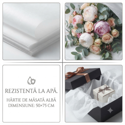 Hârtie de mătase albă, rezistentă la apă, 50x75 cm (set în tub 48buc)